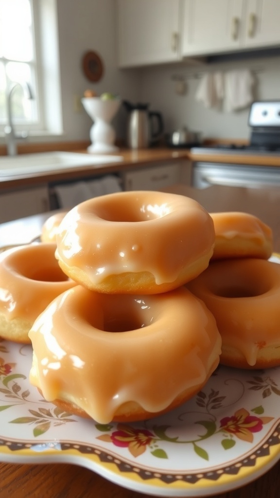 Classic Glazed Donuts Recipe A plate of classic glazed donuts with a shiny coating, set in a cozy kitchen.